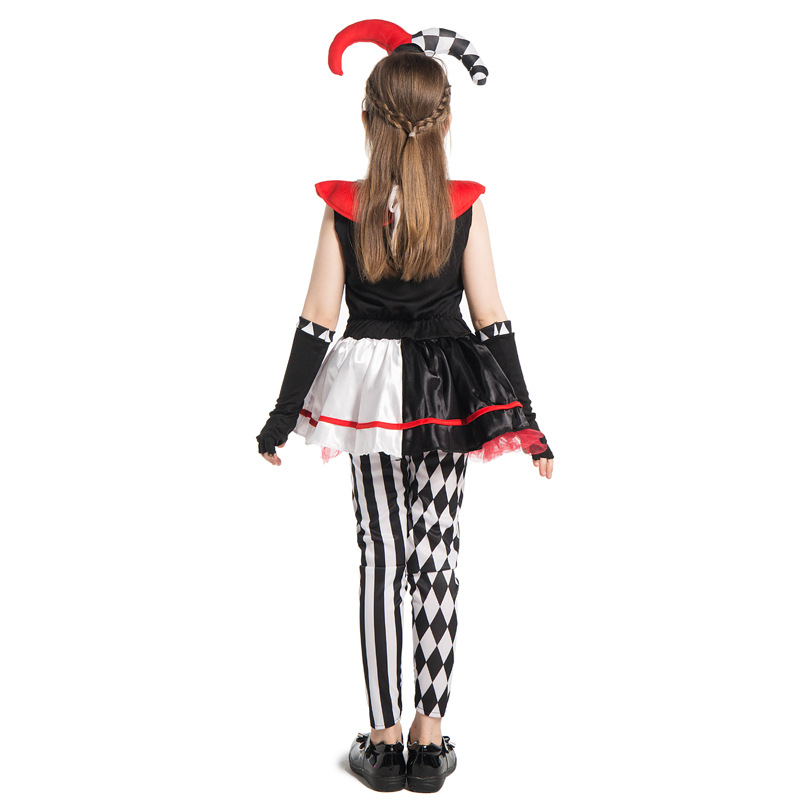 Girls Jester Clown Costume Halloween Kids Circus Scary Villain Tutu Dress Outfit